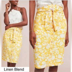Anthropologie Conversations Linen Blend Lemon Midi Skirt